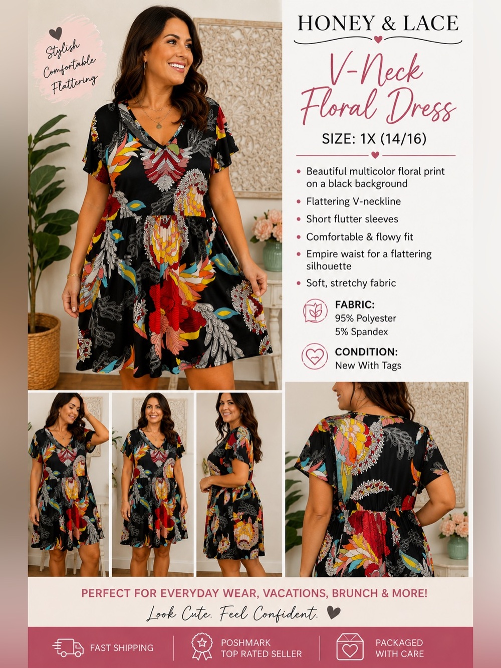 Honey & Lace - XL Black Multicolor Floral V-Neck Babydoll Dress NWT